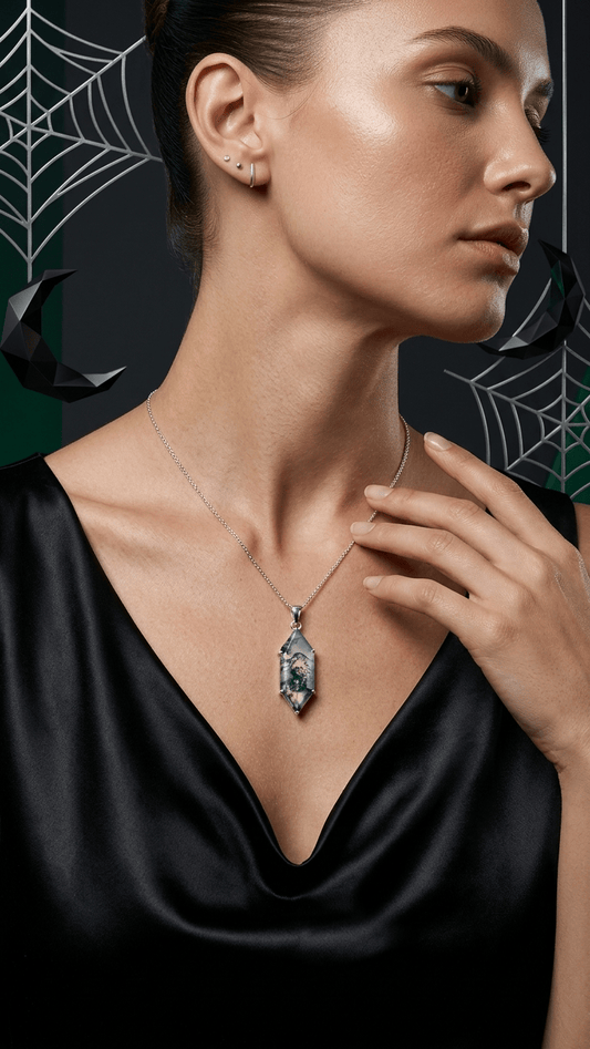 Natural Moss Agate Geometric Pendant | Healing Crystal Necklace in 925 Sterling Silver - Gemsterling