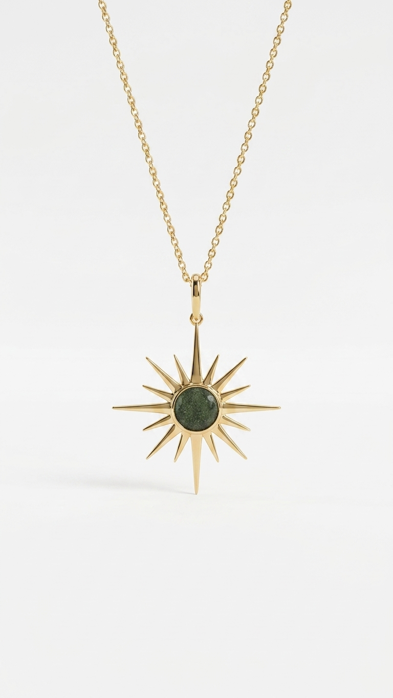 Raw Moldavite Sunburst Pendant Necklace in Gold Plated Silver
