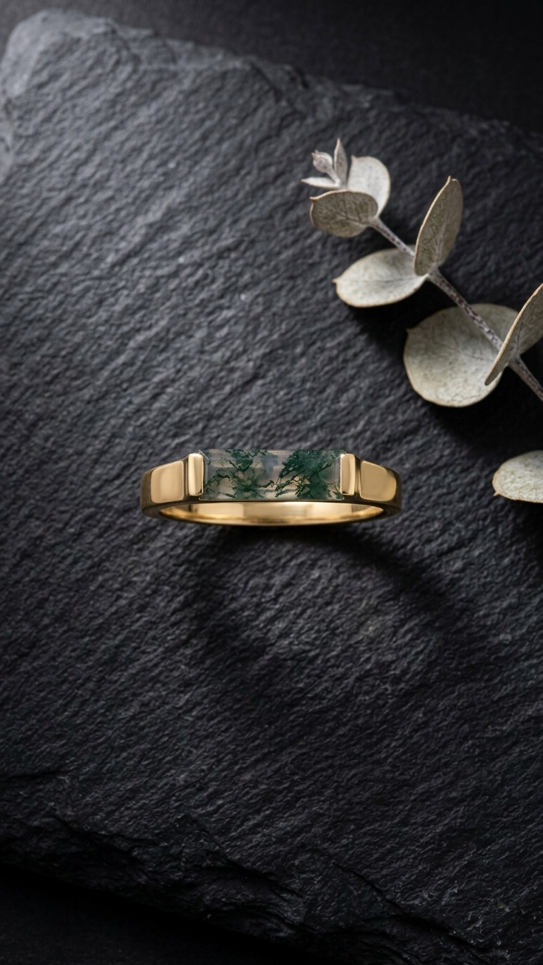 Gemsterling - Natural Baguette Moss Agate Ring