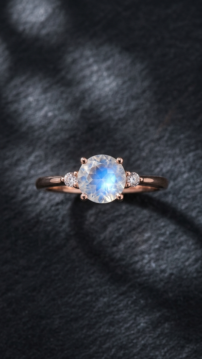 Gemsterling - Natural Rainbow Moonstone Solitaire 925 Sterling Silver Ring