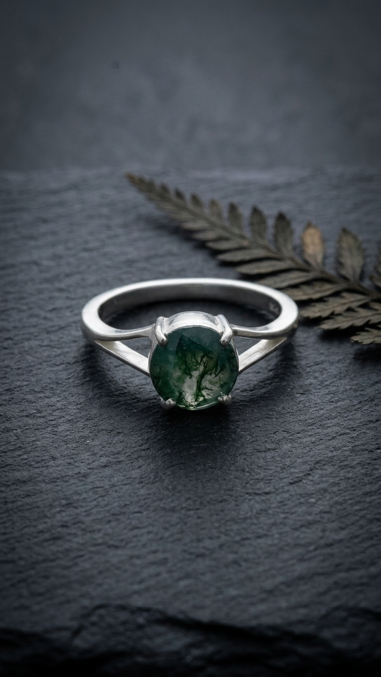 Gemsterling - Natural Round Moss Agate Ring 