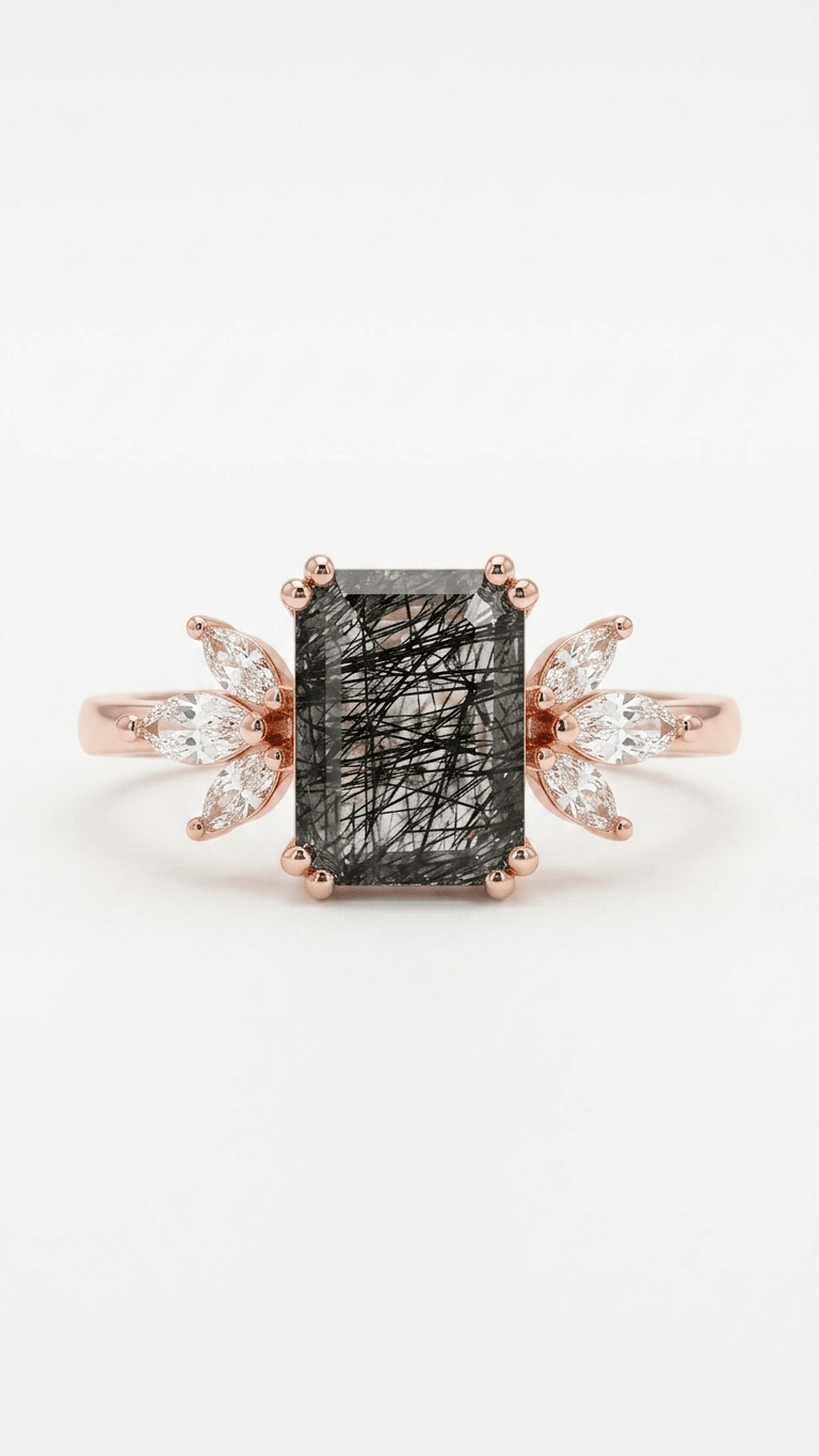 Black Rutilated Quartz & Marquise Accent Ring in 925 Sterling Silver - Gemsterling