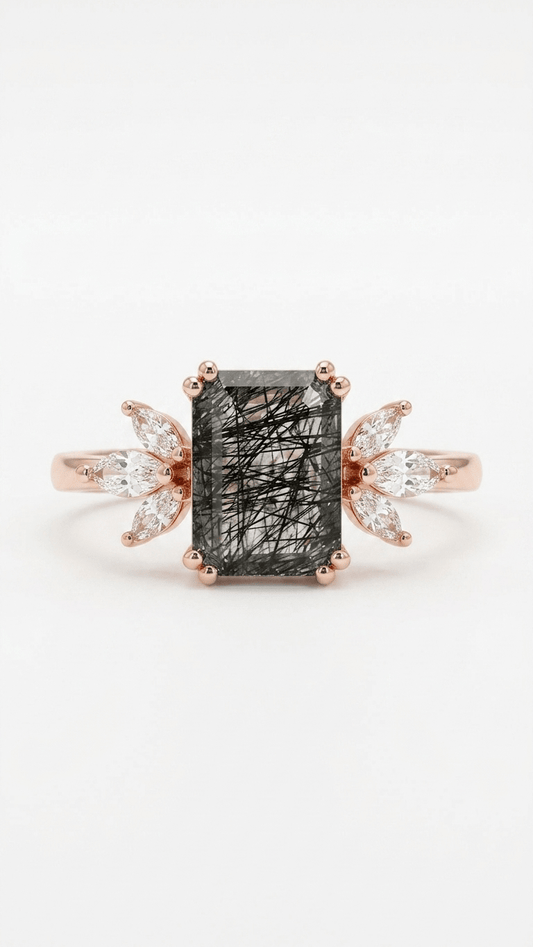 Black Rutilated Quartz & Marquise Accent Ring in 925 Sterling Silver - Gemsterling