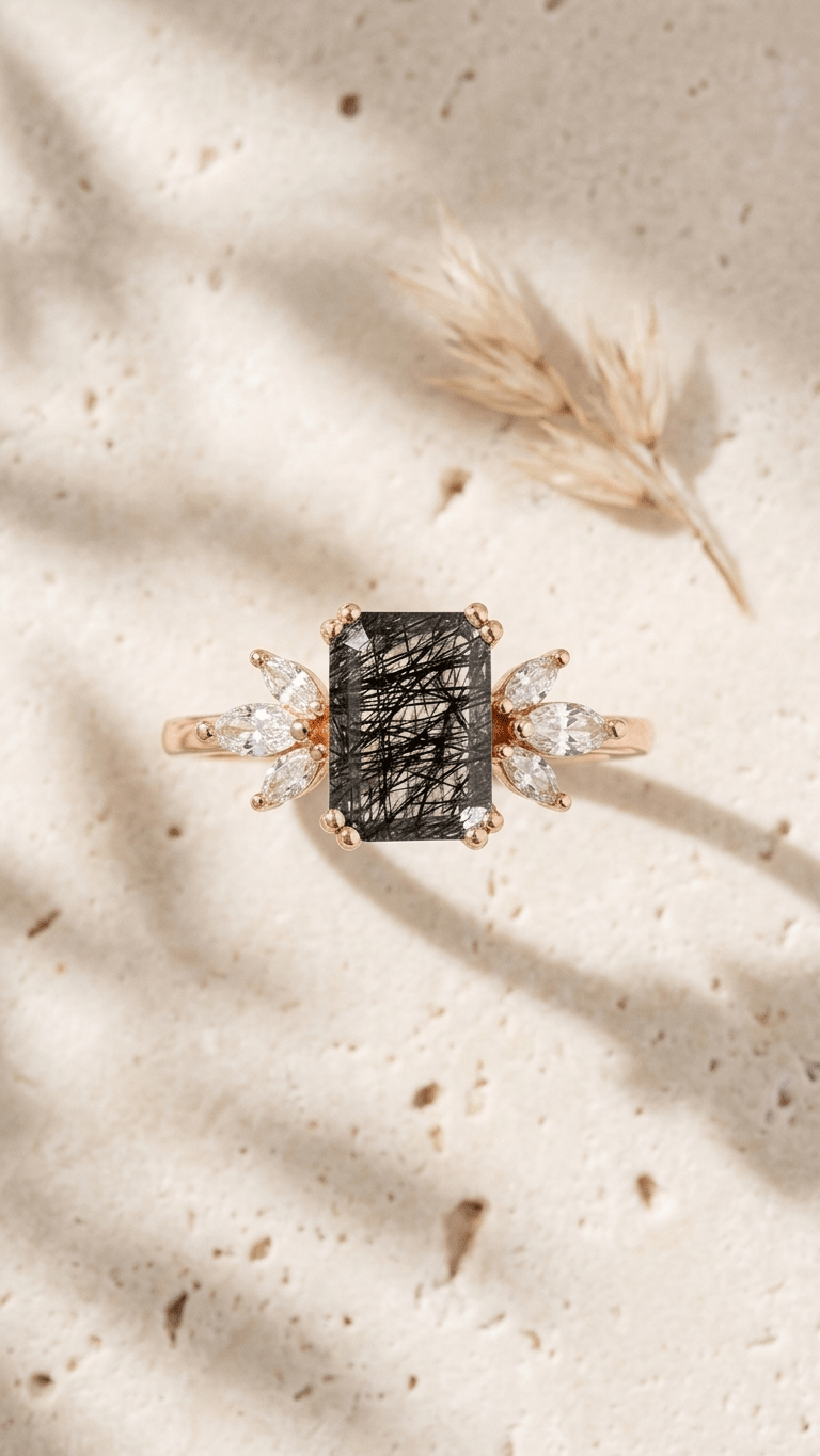 Black Rutilated Quartz & Marquise Accent Ring in 925 Sterling Silver - Gemsterling