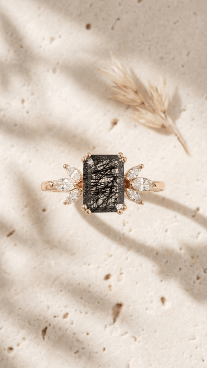 Black Rutilated Quartz & Marquise Accent Ring in 925 Sterling Silver - Gemsterling
