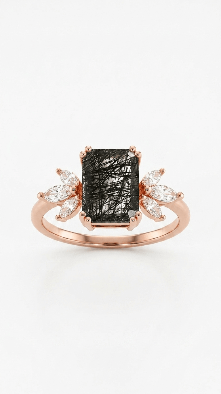 Black Rutilated Quartz & Marquise Accent Ring in 925 Sterling Silver - Gemsterling