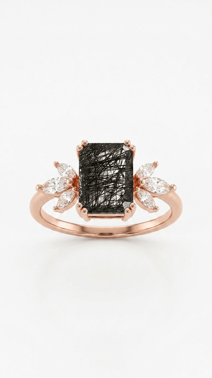 Black Rutilated Quartz & Marquise Accent Ring in 925 Sterling Silver - Gemsterling