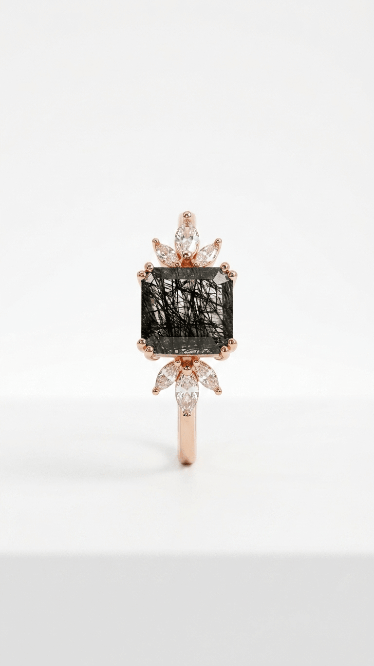 Black Rutilated Quartz & Marquise Accent Ring in 925 Sterling Silver - Gemsterling