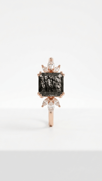 Black Rutilated Quartz & Marquise Accent Ring in 925 Sterling Silver - Gemsterling
