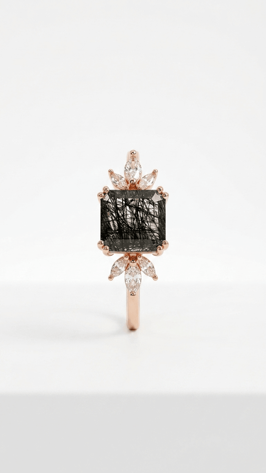 Black Rutilated Quartz & Marquise Accent Ring in 925 Sterling Silver - Gemsterling