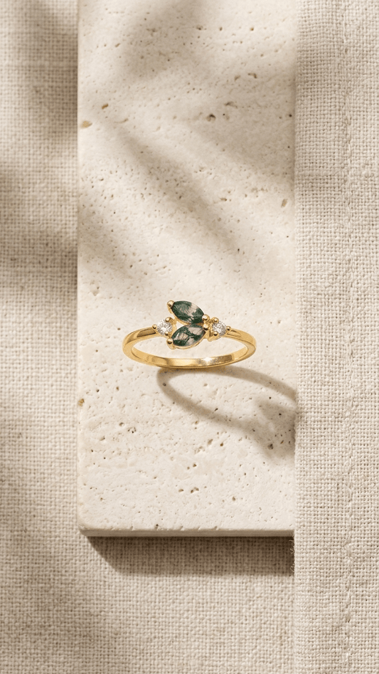 Dainty Multi-Stone Moss Agate and CZ Cluster Ring in 925 sterling with Gold Plated - Gemsterling