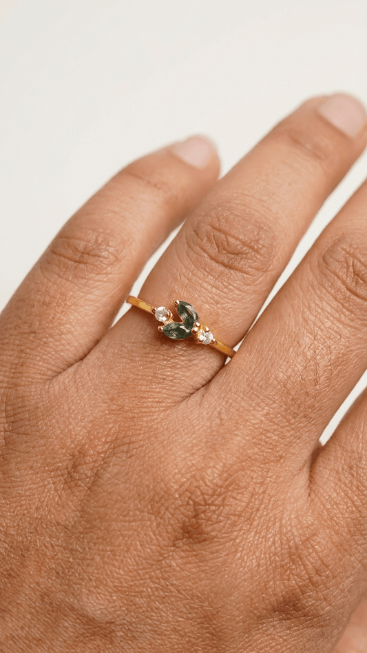 Dainty Multi-Stone Moss Agate and CZ Cluster Ring in 925 sterling with Gold Plated - Gemsterling