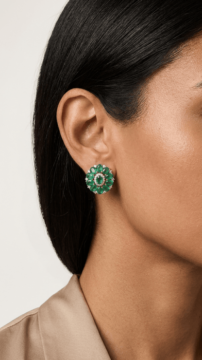 Handcrafted Natural Emerald Cluster Stud Earrings - Gemsterling