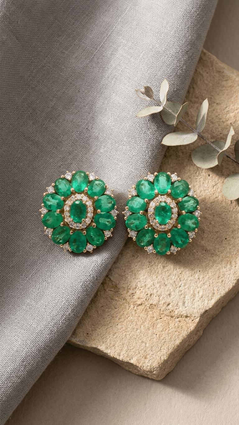 Handcrafted Natural Emerald Cluster Stud Earrings - Gemsterling
