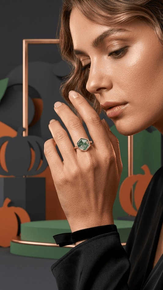 Hexagon Natural Green Moss Agate Ring in Gold Plated 925 Silver Setting - Gemsterling
