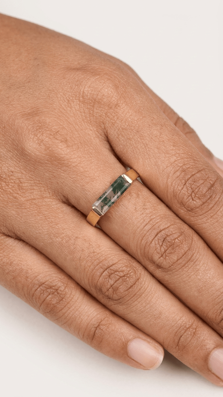 Natural Baguette Moss Agate Ring | 925 Sterling Silver Minimalist Gemstone Unisex Ring - Gemsterling
