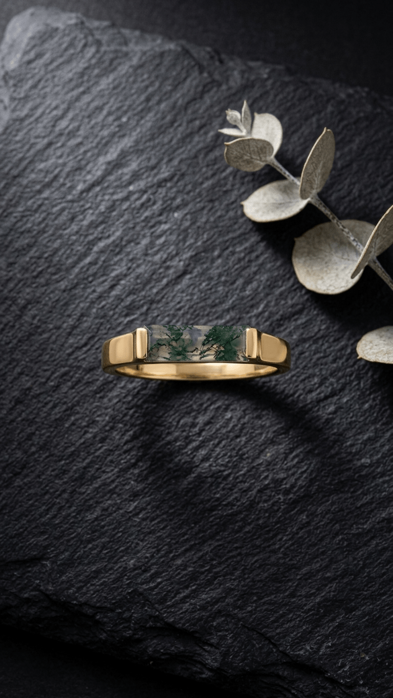 Natural Baguette Moss Agate Ring | 925 Sterling Silver Minimalist Gemstone Unisex Ring - Gemsterling