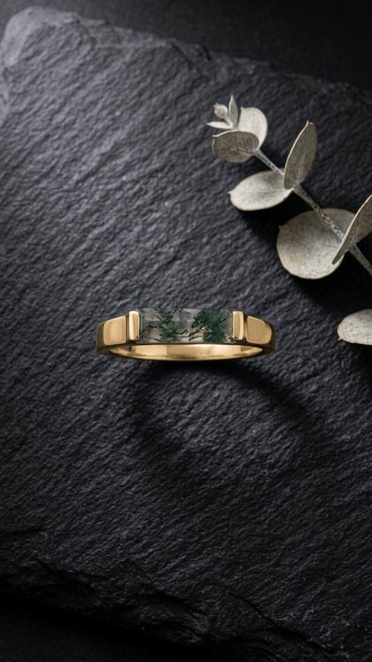 Natural Baguette Moss Agate Ring | 925 Sterling Silver Minimalist Gemstone Unisex Ring - Gemsterling
