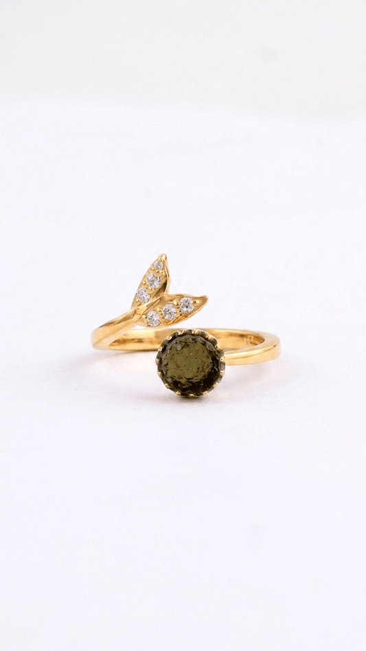 Natural Green Moldavite Ring with Sparkling CZ Mermaid Tail Accents in 925 Silver with Gold Plating - Gemsterling