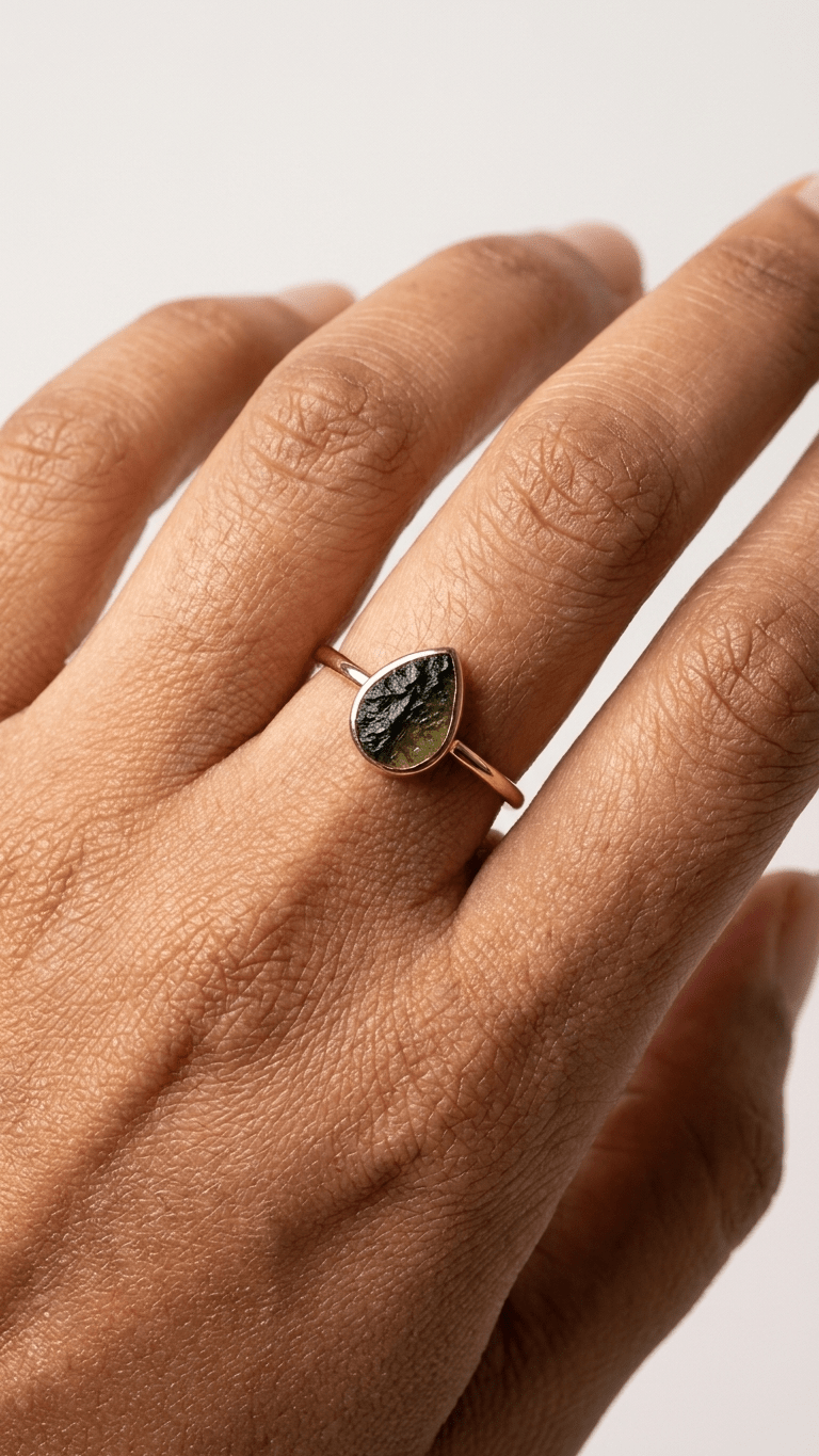 Natural Green Raw Moldavite Gemstone Ring in 925 Sterling Silver - Gemsterling
