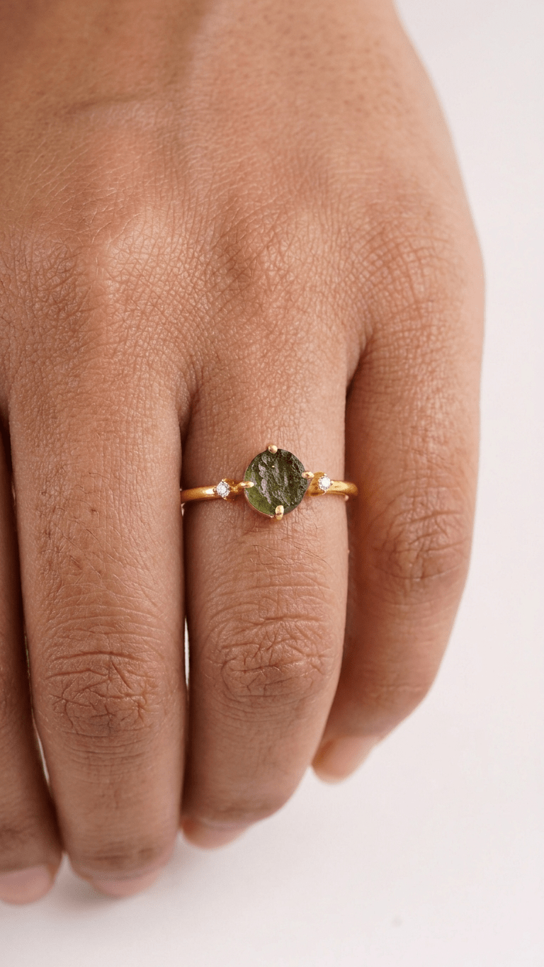 Natural Green Raw Moldavite Gemstone Ring in 925 Sterling Silver - Gemsterling