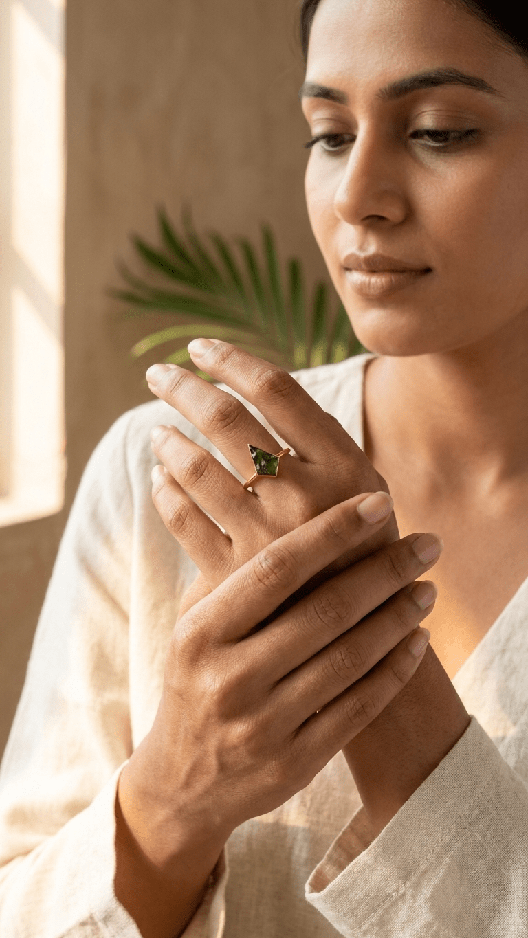 Natural Green Raw Moldavite Gemstone Ring in 925 Sterling Silver - Gemsterling