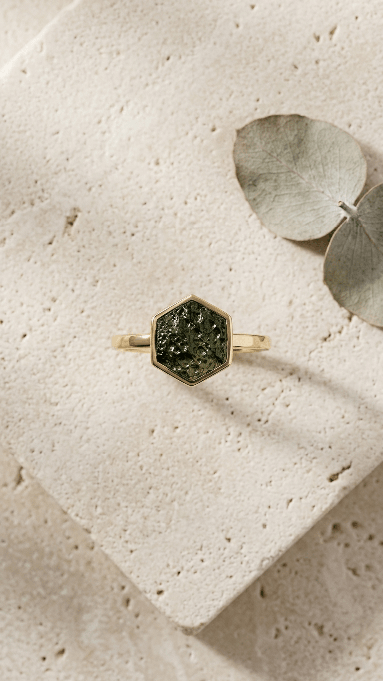 Natural Green Raw Moldavite Gemstone Ring in 925 Sterling Silver - Gemsterling
