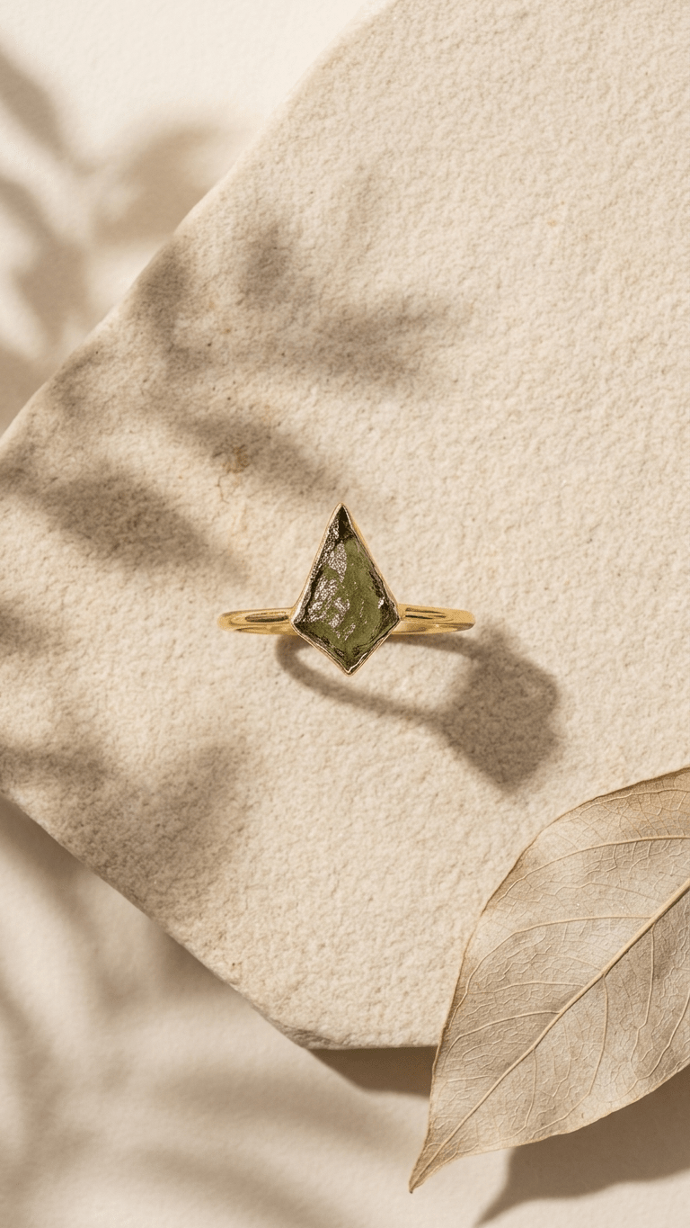 Natural Green Raw Moldavite Gemstone Ring in 925 Sterling Silver - Gemsterling