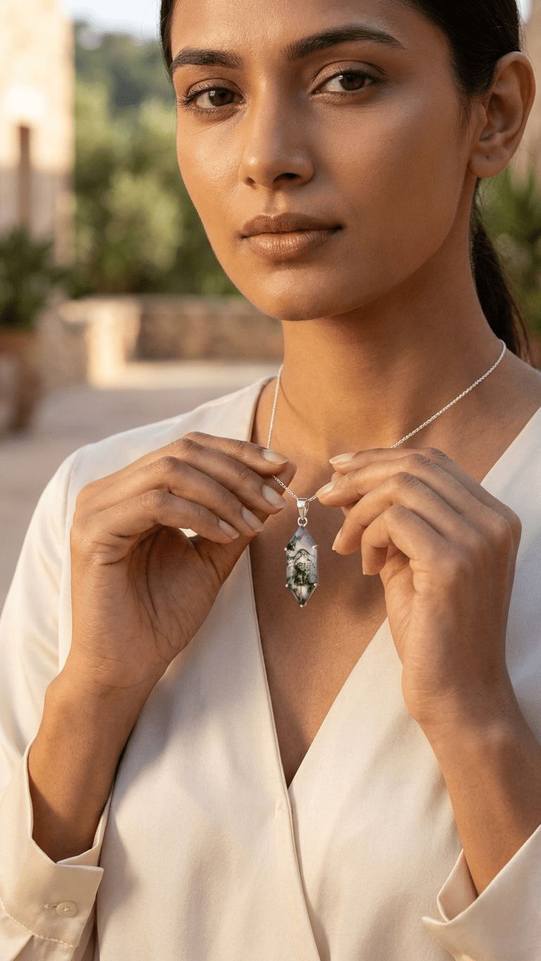 Natural Moss Agate Geometric Pendant | Healing Crystal Necklace in 925 Sterling Silver - Gemsterling