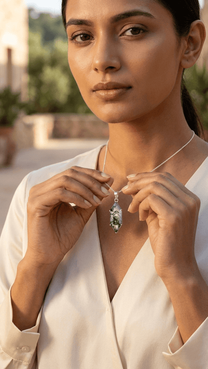 Natural Moss Agate Geometric Pendant | Healing Crystal Necklace in 925 Sterling Silver - Gemsterling
