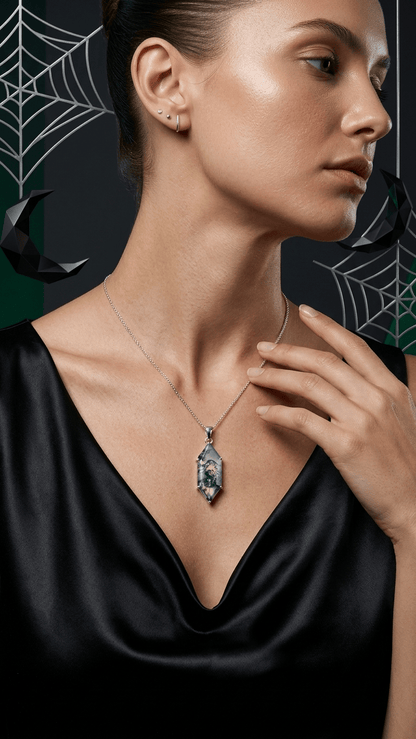 Natural Moss Agate Geometric Pendant | Healing Crystal Necklace in 925 Sterling Silver - Gemsterling