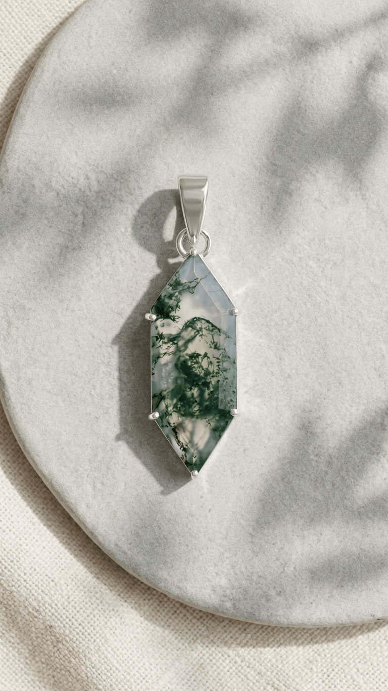 Natural Moss Agate Geometric Pendant | Healing Crystal Necklace in 925 Sterling Silver - Gemsterling