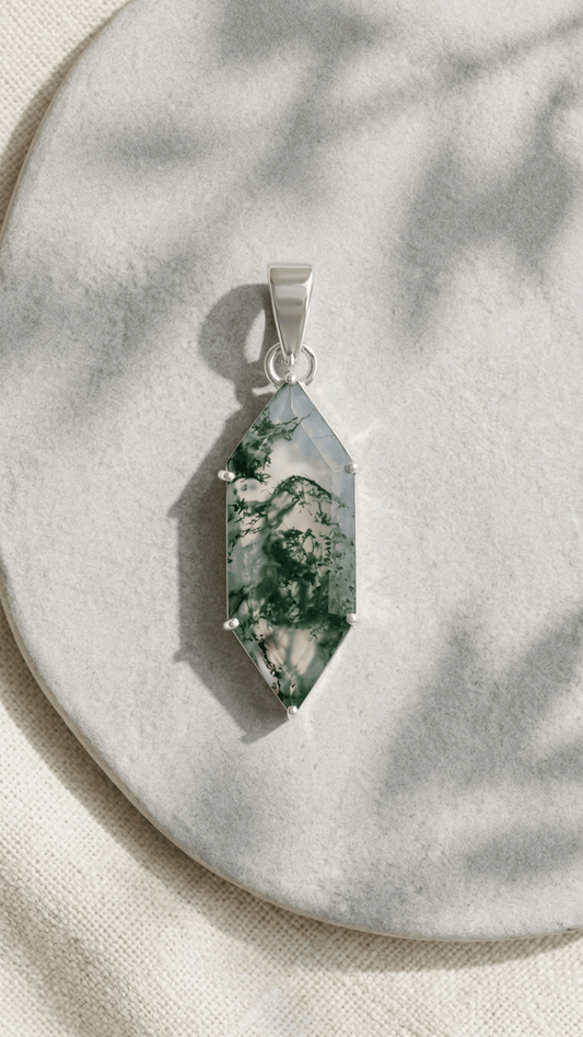 Natural Moss Agate Geometric Pendant | Healing Crystal Necklace in 925 Sterling Silver - Gemsterling
