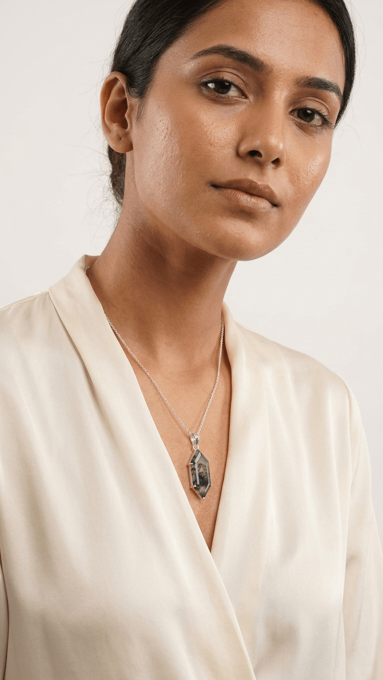 Natural Moss Agate Geometric Pendant | Healing Crystal Necklace in 925 Sterling Silver - Gemsterling