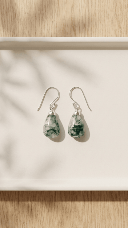Natural Moss Agate Pear-Cut Drop Earrings in 925 Sterling Silver - Gemsterling