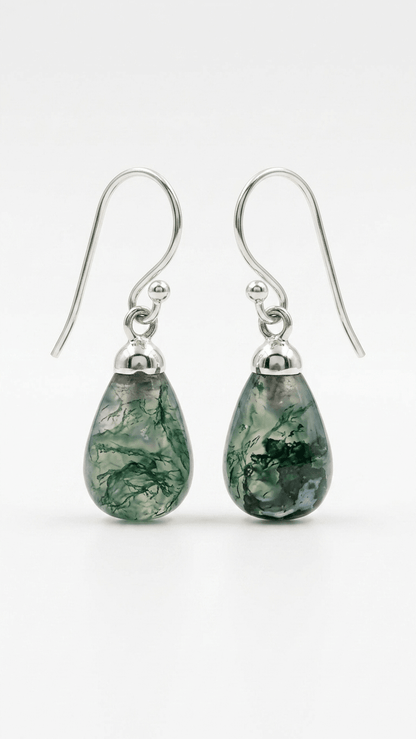 Natural Moss Agate Pear-Cut Drop Earrings in 925 Sterling Silver - Gemsterling
