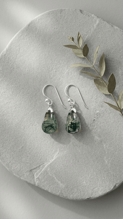 Natural Moss Agate Pear-Cut Drop Earrings in 925 Sterling Silver - Gemsterling