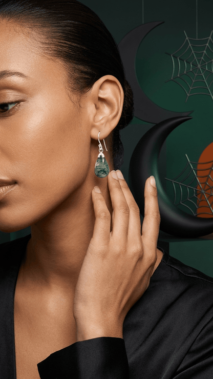 Natural Moss Agate Pear-Cut Drop Earrings in 925 Sterling Silver - Gemsterling