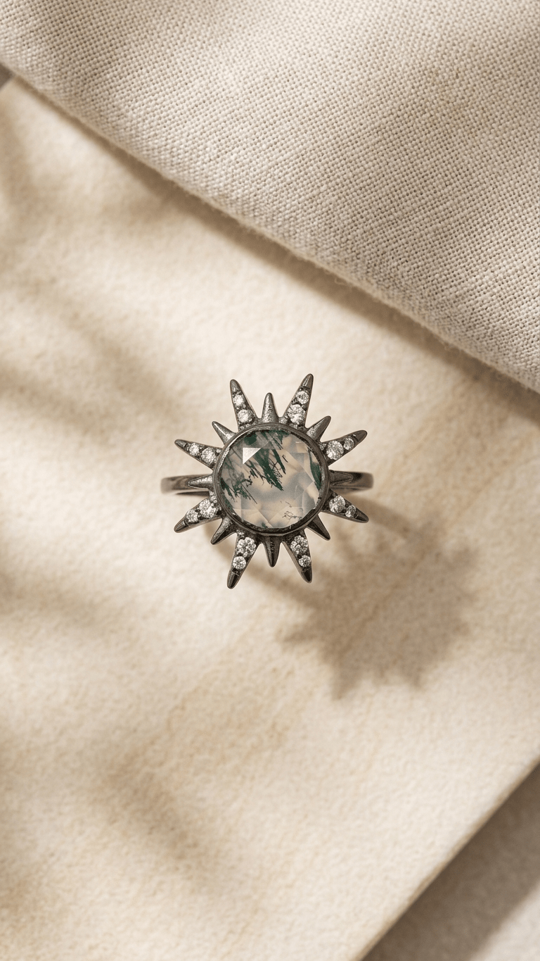 Natural Moss Agate Sunburst Ring in Sterling Silver | Celestial Statement Ring - Gemsterling