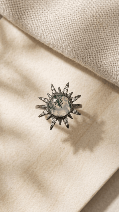 Natural Moss Agate Sunburst Ring in Sterling Silver | Celestial Statement Ring - Gemsterling
