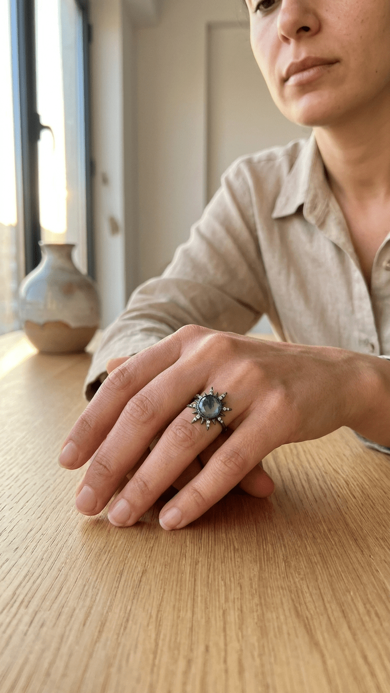 Natural Moss Agate Sunburst Ring in Sterling Silver | Celestial Statement Ring - Gemsterling