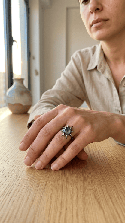Natural Moss Agate Sunburst Ring in Sterling Silver | Celestial Statement Ring - Gemsterling