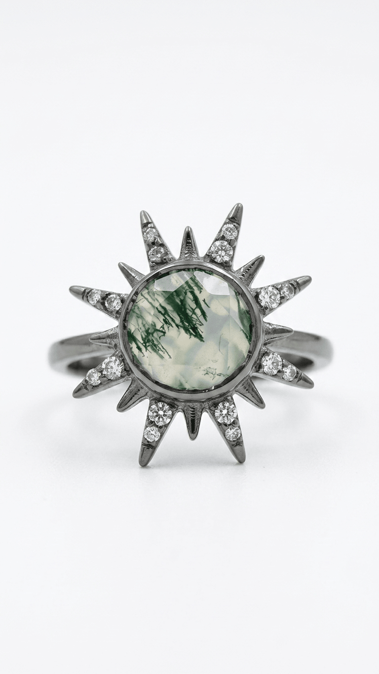 Natural Moss Agate Sunburst Ring in Sterling Silver | Celestial Statement Ring - Gemsterling