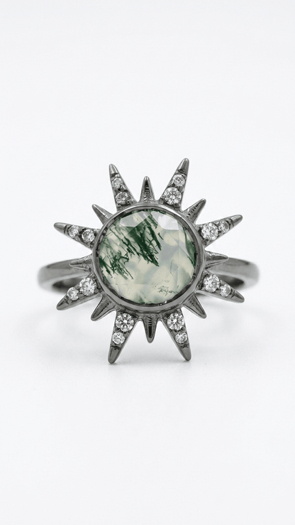 Natural Moss Agate Sunburst Ring in Sterling Silver | Celestial Statement Ring - Gemsterling