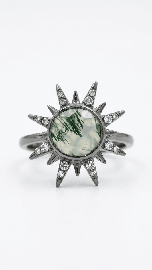 Natural Moss Agate Sunburst Ring in Sterling Silver | Celestial Statement Ring - Gemsterling