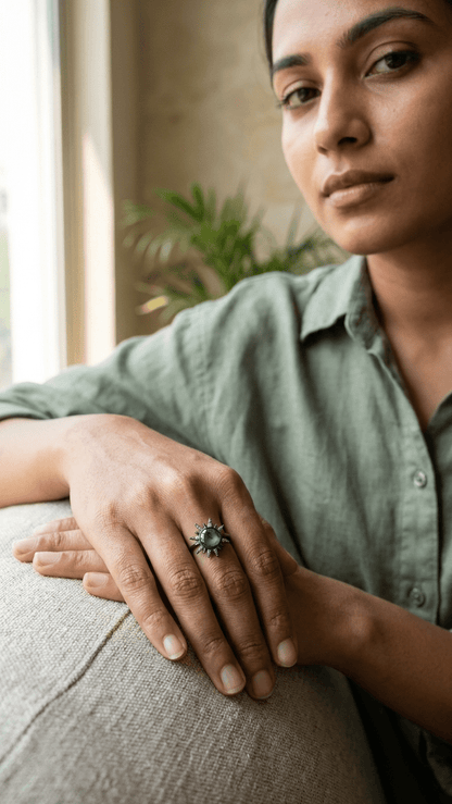 Natural Moss Agate Sunburst Ring in Sterling Silver | Celestial Statement Ring - Gemsterling