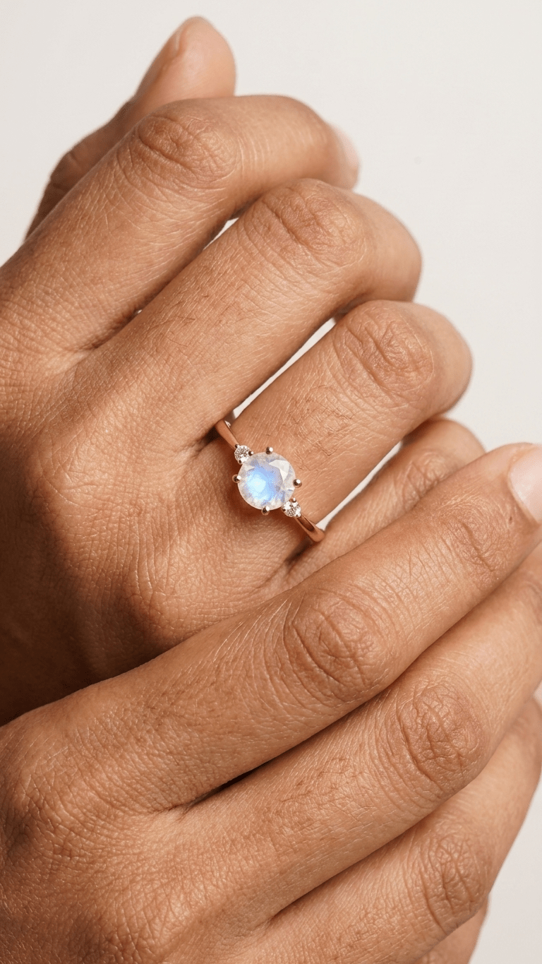 Natural Rainbow Moonstone Solitaire 925 Sterling Silver Ring - Gemsterling