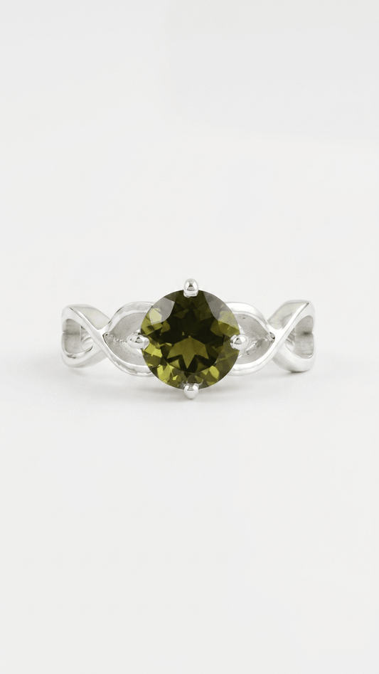 Natural Round Moldavite Gemstone Infinity Ring – 925 Sterling Silver Cosmic Gemstone Ring for Women - Gemsterling