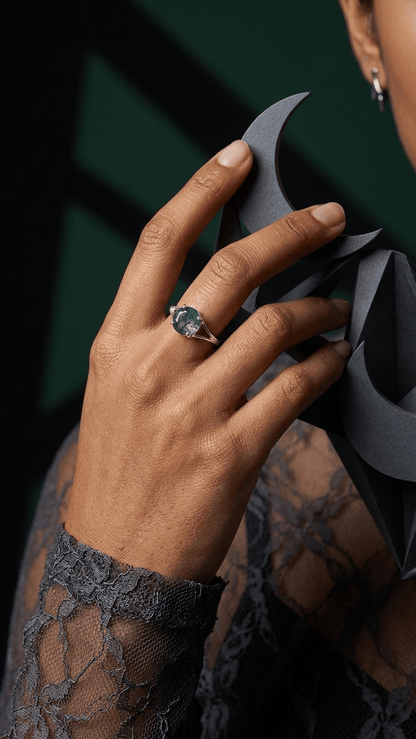 Natural Round Moss Agate Ring | 925 Sterling Silver Split Shank Solitaire Band - Gemsterling