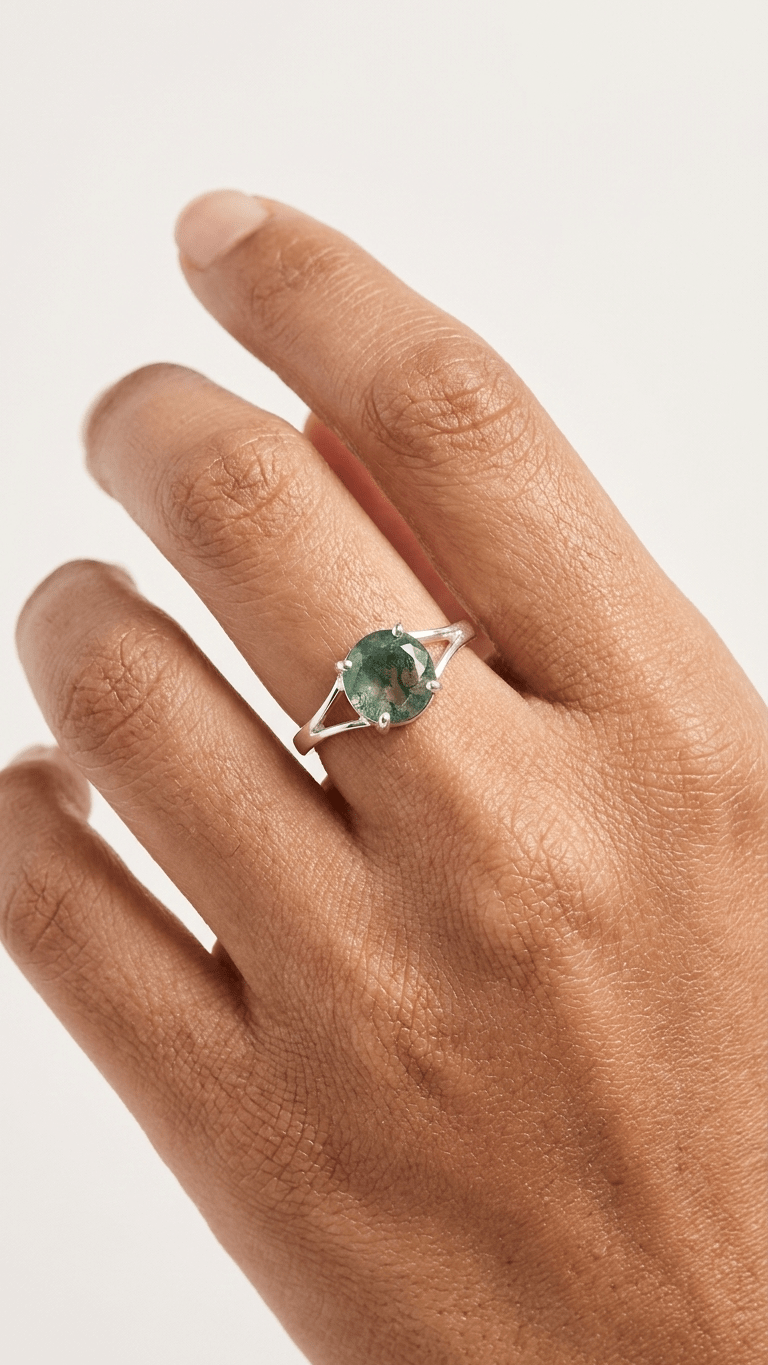 Natural Round Moss Agate Ring | 925 Sterling Silver Split Shank Solitaire Band - Gemsterling